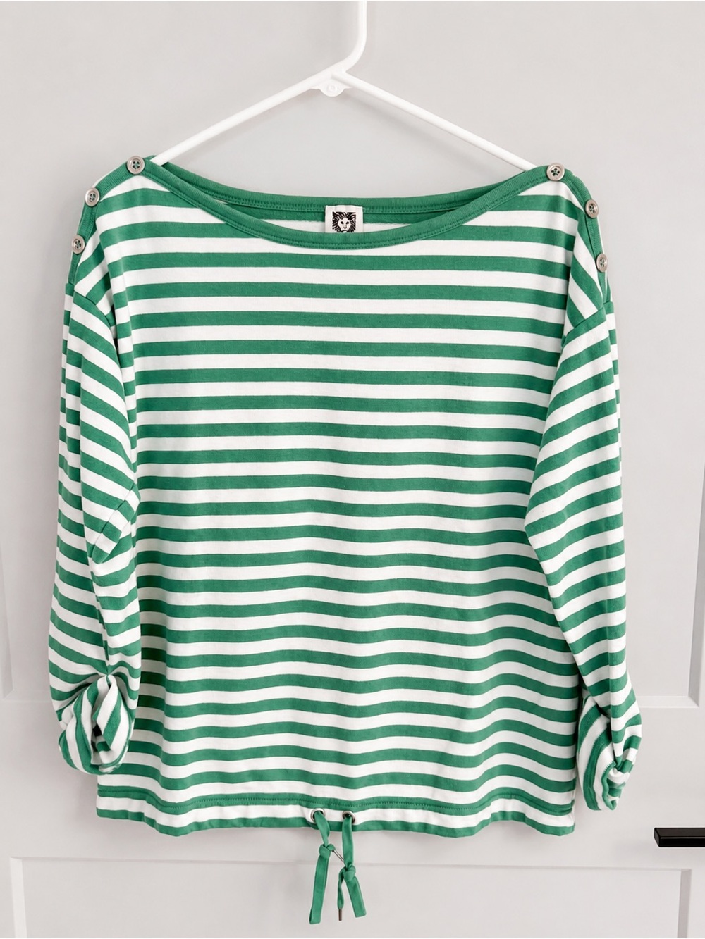 Anne Klein Green White Striped Button Shoulder Drawstring Top L